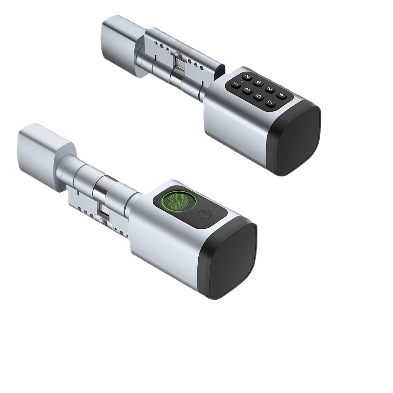 Oxalix smart lock with fingerprint sensor and keypad, mounted on a wooden door